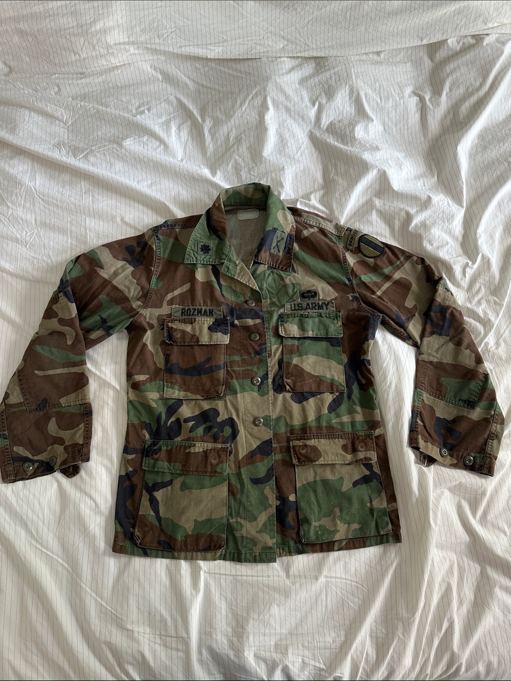 VTG 1981 US Army 1st Pattern Woodland Camo BDU Jacket Smooth Twill Square Flap